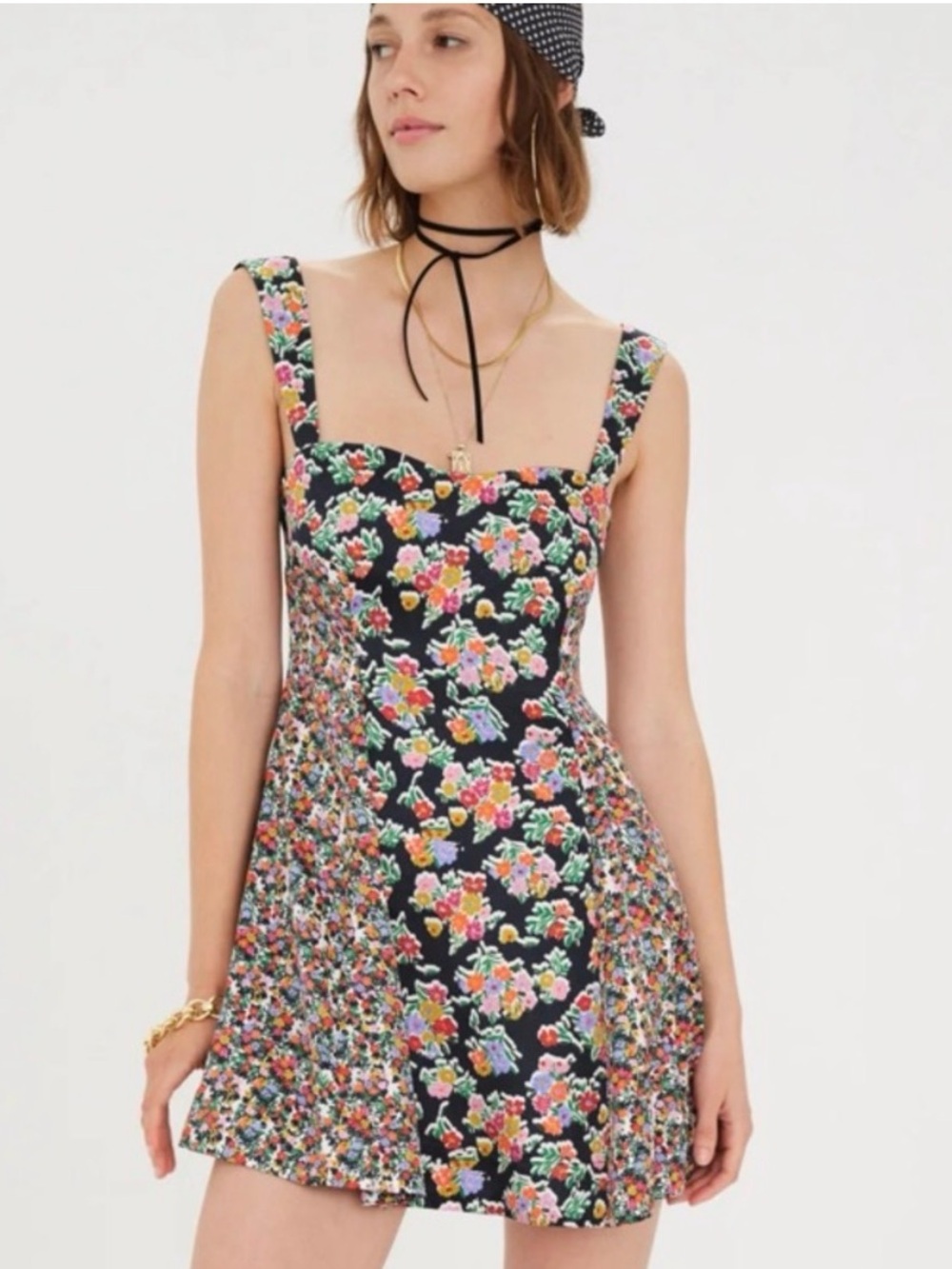 For Love & Lemons Black Floral Square-Neck Mini Dress